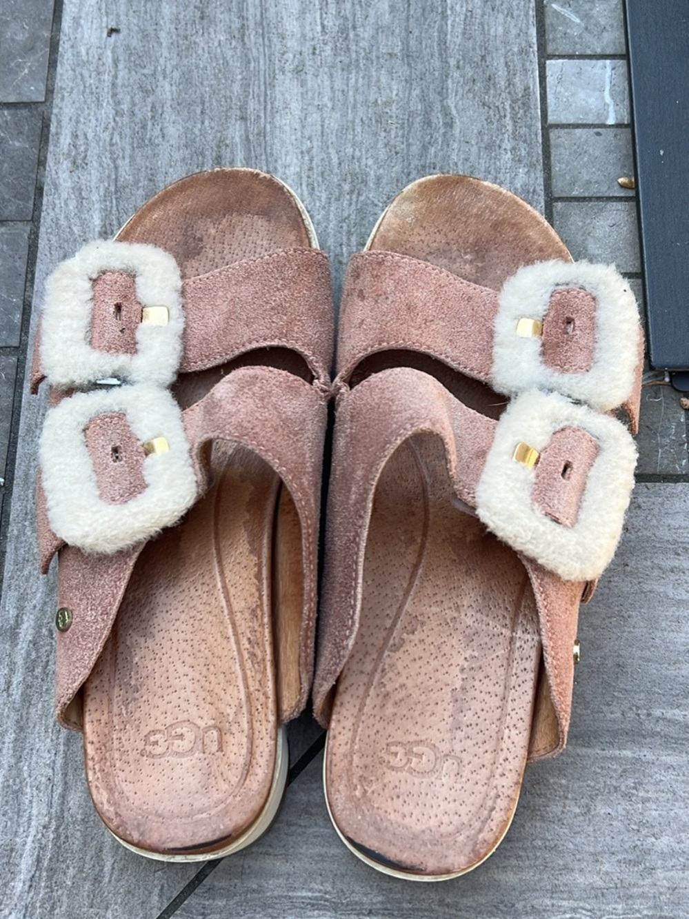 UGG Pink Suede Shearling Buckle Slide Mules